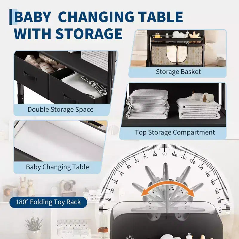 Table à langer pliable et portable, station de change avec tiroirs et roulettes, organisateur de nurserie mobile à hauteur réglable