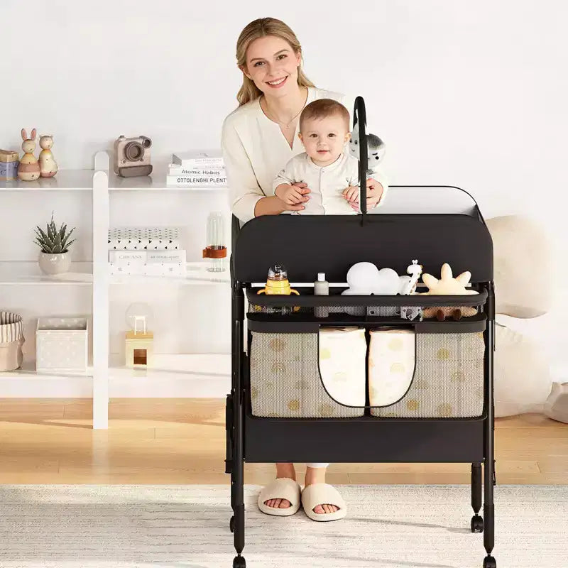 Table à langer pliable et portable, station de change avec tiroirs et roulettes, organisateur de nurserie mobile à hauteur réglable