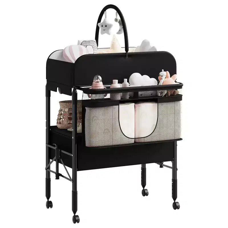 Portable Collapsible Baby Changing Table, Diaper Station with Drawers & Wheels, Adjustable Height Mobile Nursery Organizer