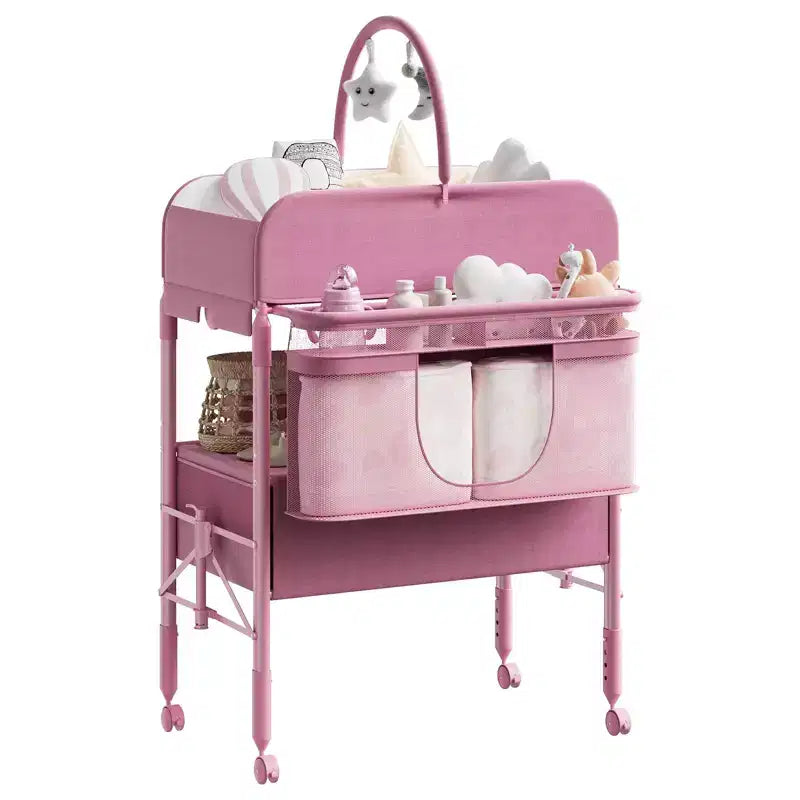 Table à langer pliable et portable, station de change avec tiroirs et roulettes, organisateur de nurserie mobile à hauteur réglable