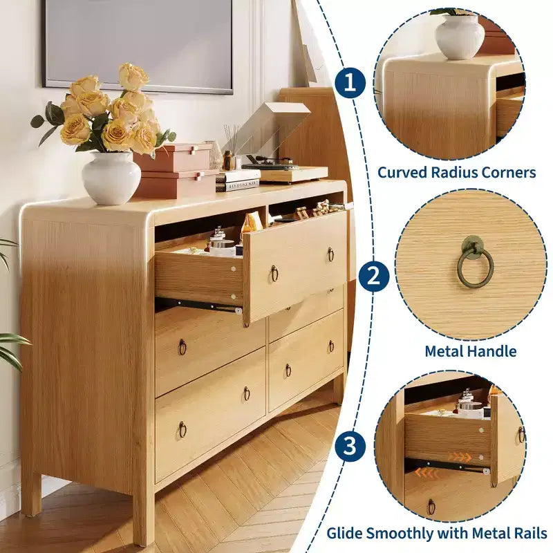 Commode de chambre à 6 tiroirs Hallway 47 de large, commode en bois avec grand espace de rangement et poignées métalliques, organiseur de rangement moderne à profil bas