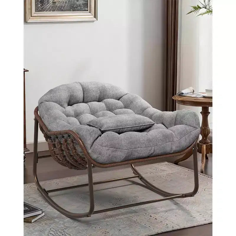 Fauteuil à bascule d'extérieur Papasan surdimensionné, design ergonomique, osier durable, coussin résistant aux intempéries supporte jusqu'à 204 kg