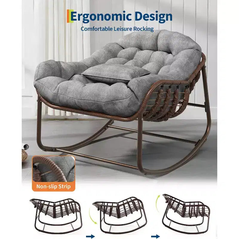Fauteuil à bascule d'extérieur Papasan surdimensionné, design ergonomique, osier durable, coussin résistant aux intempéries supporte jusqu'à 204 kg
