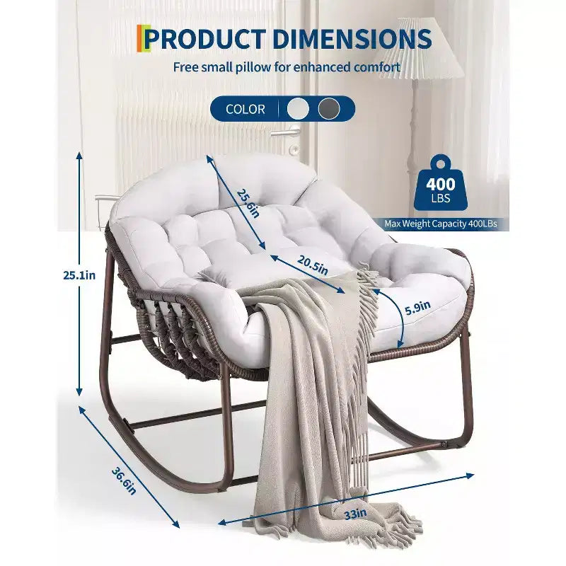 Fauteuil à bascule d'extérieur Papasan surdimensionné, design ergonomique, osier durable, coussin résistant aux intempéries supporte jusqu'à 204 kg