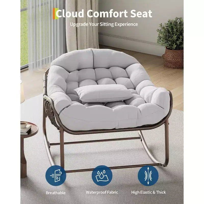 Fauteuil à bascule d'extérieur Papasan surdimensionné, design ergonomique, osier durable, coussin résistant aux intempéries supporte jusqu'à 204 kg