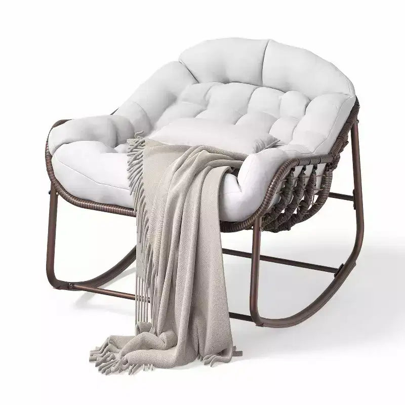 Oversized Outdoor Papasan Rocking Chair  Ergonomic Design Durable Wicker, Weather-Resistant Cushion Supports Up to 450 lbs