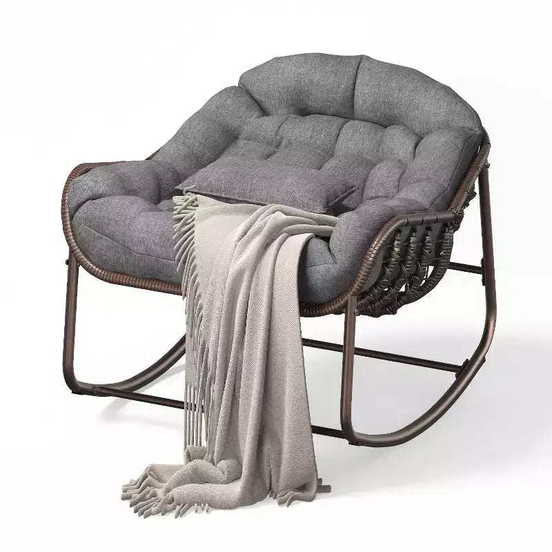Fauteuil à bascule d'extérieur Papasan surdimensionné, design ergonomique, osier durable, coussin résistant aux intempéries supporte jusqu'à 204 kg