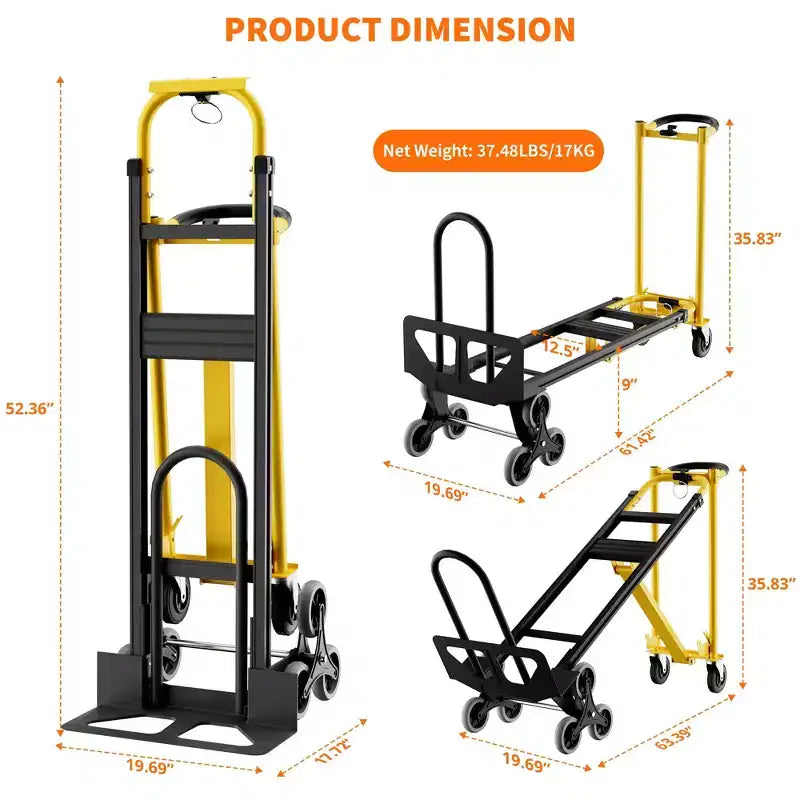 3-in-1 Stair Climbing Hand Truck, Heavy Duty Convertible Flat Cart with Folding Design & Elastic Straps for Home Office Warehouse
