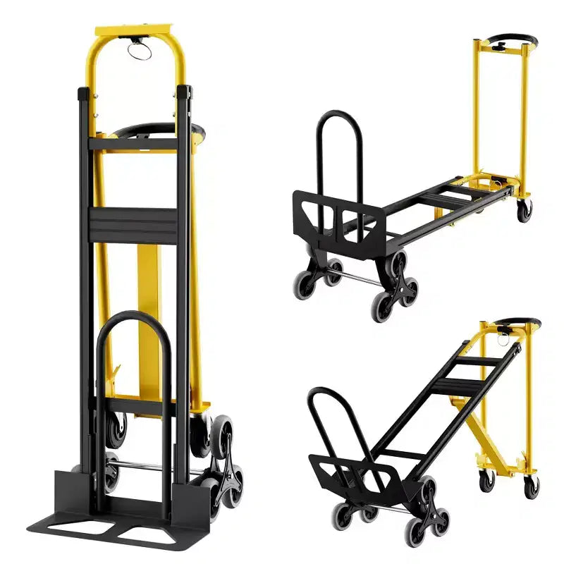 3-in-1 Stair Climbing Hand Truck, Heavy Duty Convertible Flat Cart with Folding Design & Elastic Straps for Home Office Warehouse