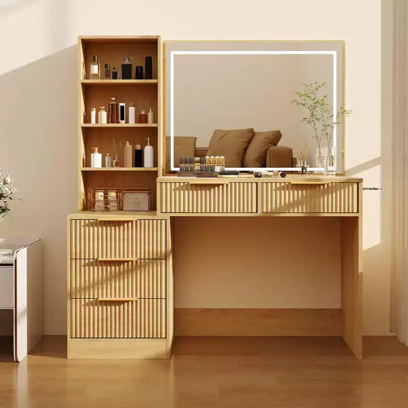 Coiffeuse de maquillage avec miroir éclairé et station de recharge, tactile 3 couleurs à intensité variable, 5 tiroirs et plateau en verre, table de maquillage moderne pour chambre à coucher