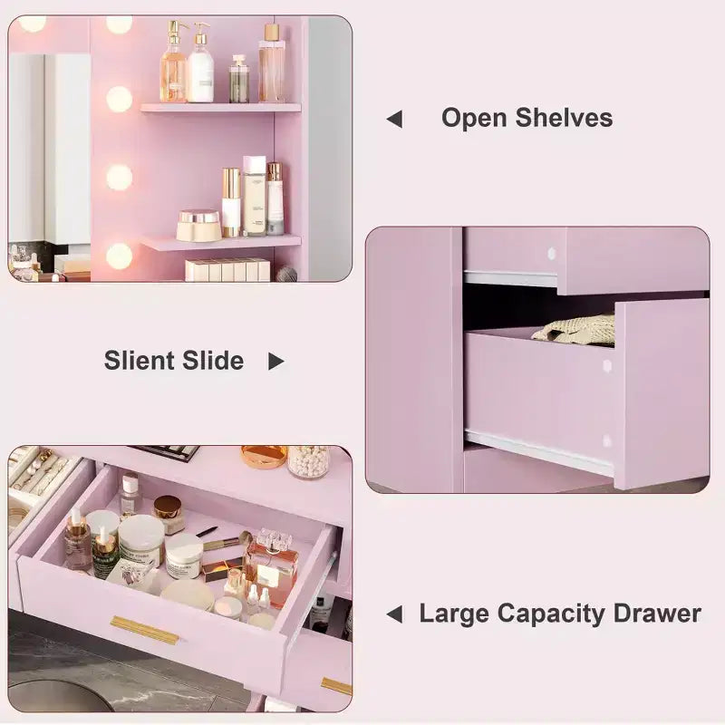 Coiffeuse de 155 cm avec miroir et lumières, table de maquillage avec 8 tiroirs, 3 modes de couleur d'éclairage à intensité variable, étagères pour chambre à coucher