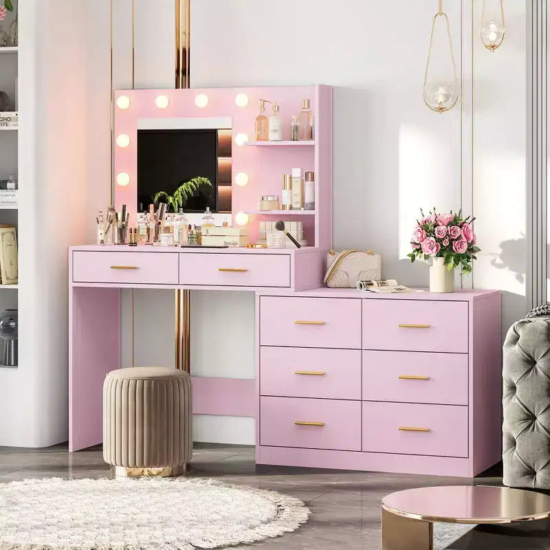 Coiffeuse de 155 cm avec miroir et lumières, table de maquillage avec 8 tiroirs, 3 modes de couleur d'éclairage à intensité variable, étagères pour chambre à coucher
