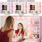 Coiffeuse de 155 cm avec miroir et lumières, table de maquillage avec 8 tiroirs, 3 modes de couleur d'éclairage à intensité variable, étagères pour chambre à coucher