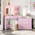 Coiffeuse de 155 cm avec miroir et lumières, table de maquillage avec 8 tiroirs, 3 modes de couleur d'éclairage à intensité variable, étagères pour chambre à coucher