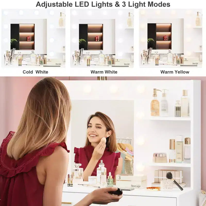 Coiffeuse de 155 cm avec miroir et lumières, table de maquillage avec 8 tiroirs, 3 modes de couleur d'éclairage à intensité variable, étagères pour chambre à coucher