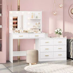 Coiffeuse de 155 cm avec miroir et lumières, table de maquillage avec 8 tiroirs, 3 modes de couleur d'éclairage à intensité variable, étagères pour chambre à coucher