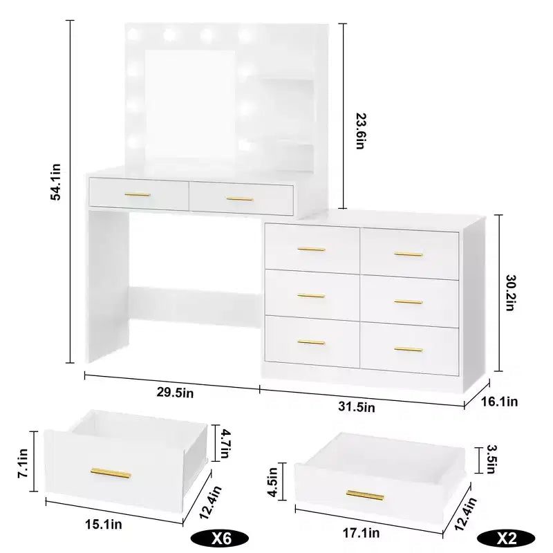 Coiffeuse de 155 cm avec miroir et lumières, table de maquillage avec 8 tiroirs, 3 modes de couleur d'éclairage à intensité variable, étagères pour chambre à coucher