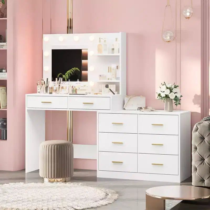 Coiffeuse de 155 cm avec miroir et lumières, table de maquillage avec 8 tiroirs, 3 modes de couleur d'éclairage à intensité variable, étagères pour chambre à coucher