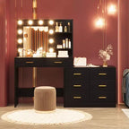 Coiffeuse de 155 cm avec miroir et lumières, table de maquillage avec 8 tiroirs, 3 modes de couleur d'éclairage à intensité variable, étagères pour chambre à coucher