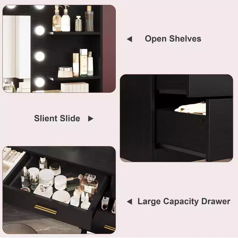 Coiffeuse de 155 cm avec miroir et lumières, table de maquillage avec 8 tiroirs, 3 modes de couleur d'éclairage à intensité variable, étagères pour chambre à coucher