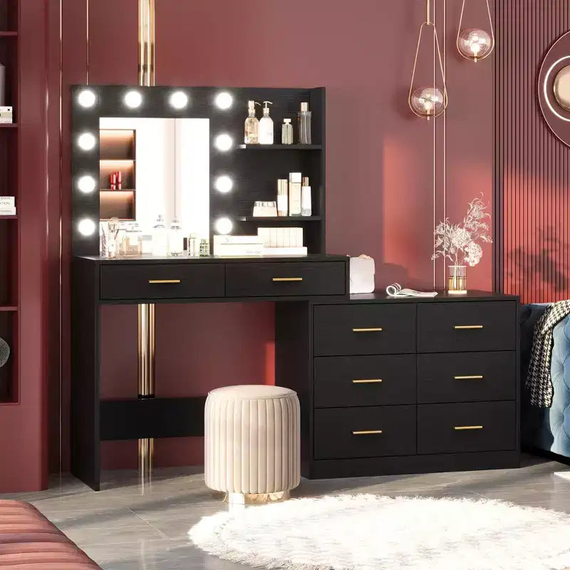 Coiffeuse de 155 cm avec miroir et lumières, table de maquillage avec 8 tiroirs, 3 modes de couleur d'éclairage à intensité variable, étagères pour chambre à coucher