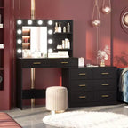 Coiffeuse de 155 cm avec miroir et lumières, table de maquillage avec 8 tiroirs, 3 modes de couleur d'éclairage à intensité variable, étagères pour chambre à coucher
