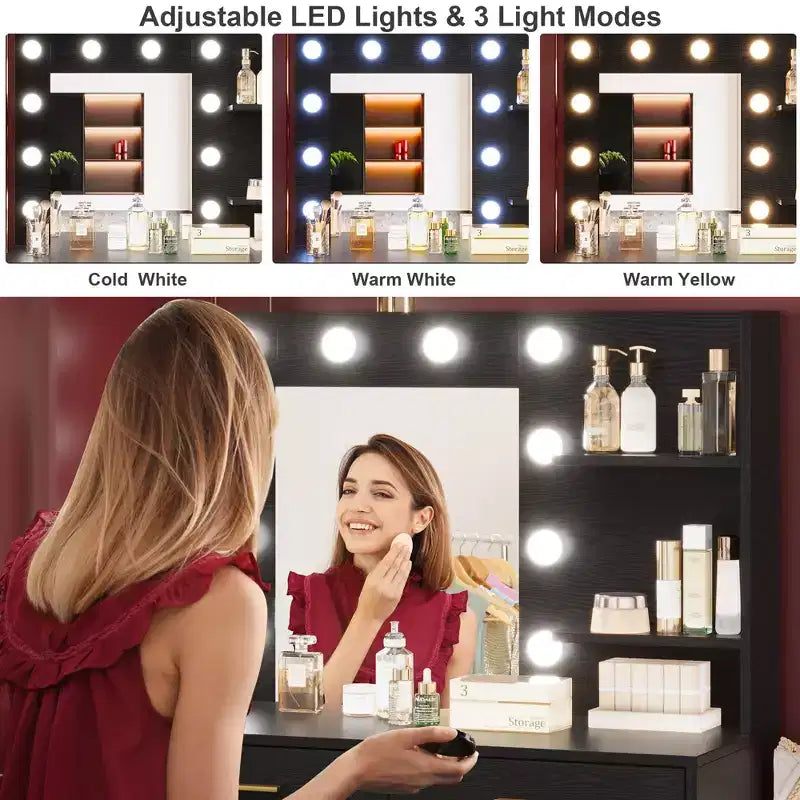 Coiffeuse de 155 cm avec miroir et lumières, table de maquillage avec 8 tiroirs, 3 modes de couleur d'éclairage à intensité variable, étagères pour chambre à coucher
