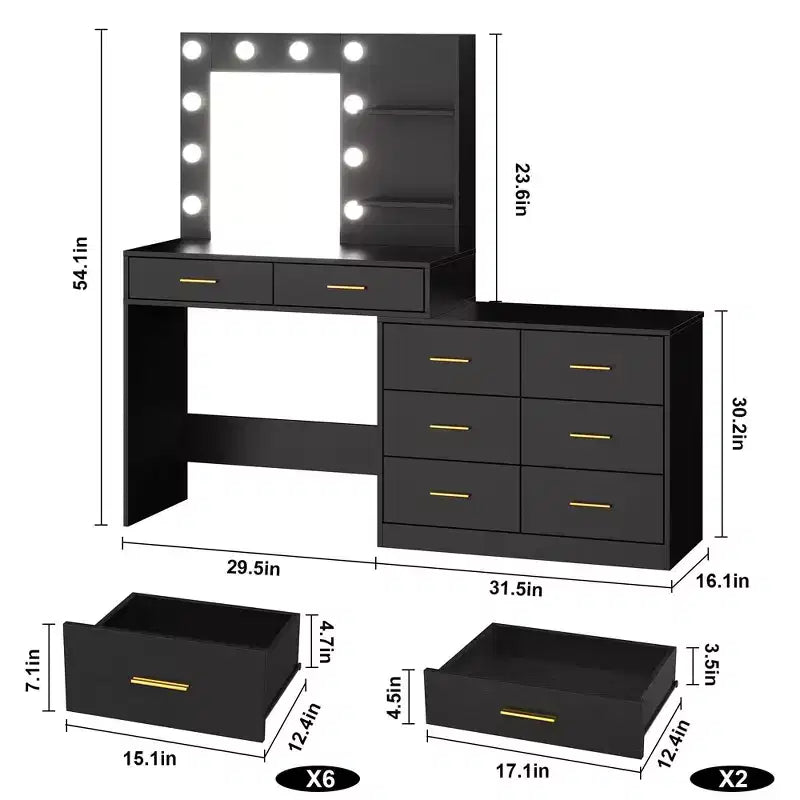 Coiffeuse de 155 cm avec miroir et lumières, table de maquillage avec 8 tiroirs, 3 modes de couleur d'éclairage à intensité variable, étagères pour chambre à coucher