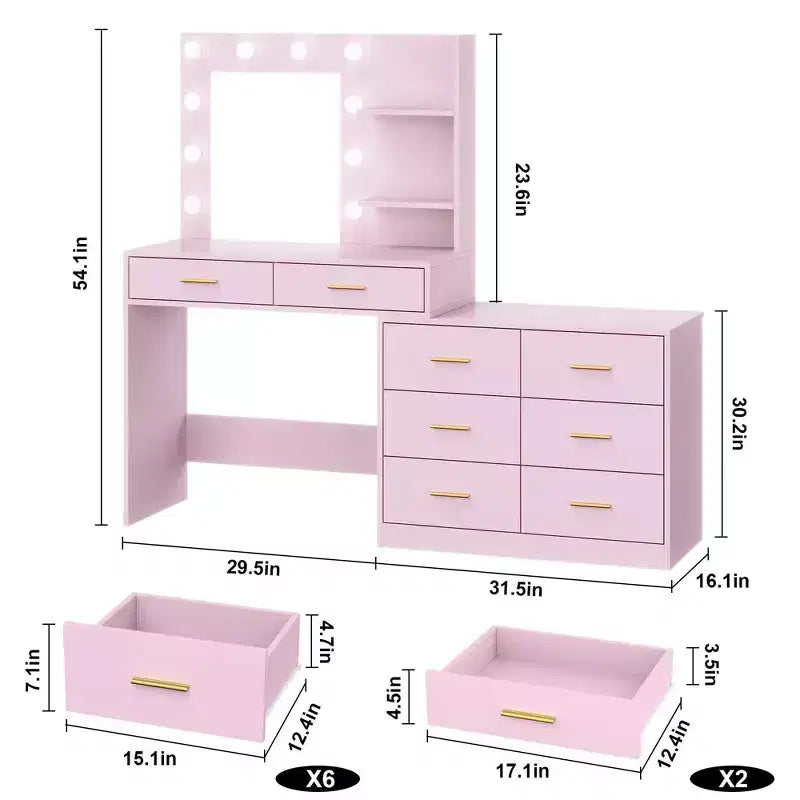 Coiffeuse de 155 cm avec miroir et lumières, table de maquillage avec 8 tiroirs, 3 modes de couleur d'éclairage à intensité variable, étagères pour chambre à coucher