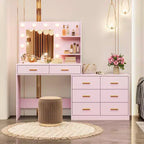 Coiffeuse de 155 cm avec miroir et lumières, table de maquillage avec 8 tiroirs, 3 modes de couleur d'éclairage à intensité variable, étagères pour chambre à coucher