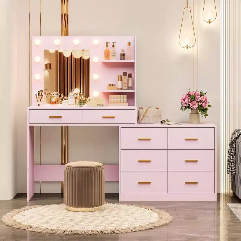 Coiffeuse de 155 cm avec miroir et lumières, table de maquillage avec 8 tiroirs, 3 modes de couleur d'éclairage à intensité variable, étagères pour chambre à coucher