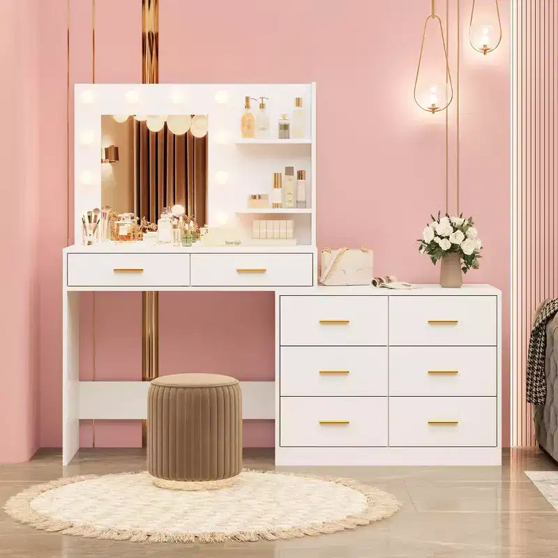 Coiffeuse de 155 cm avec miroir et lumières, table de maquillage avec 8 tiroirs, 3 modes de couleur d'éclairage à intensité variable, étagères pour chambre à coucher