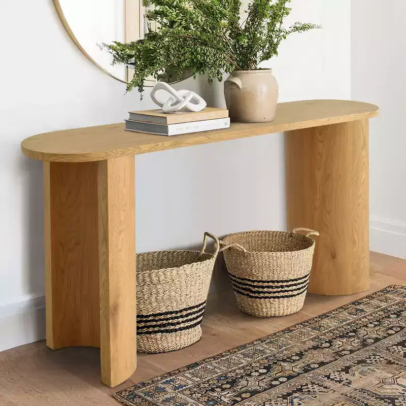 60 Table Console Ovale Moderne pour Entrée, Table Basse Motif Bois avec Pieds en C, Table de Couloir pour Salon, Foyer ou Derrière le Canapé-Panipeachy
