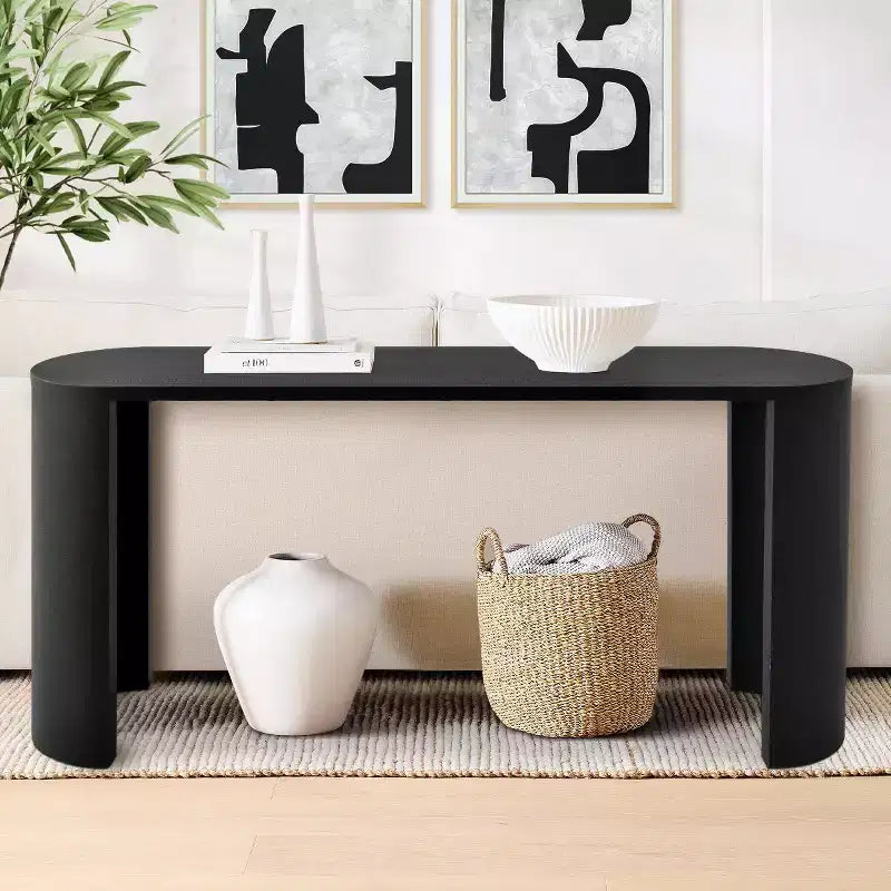 60 Table Console Ovale Moderne pour Entrée, Table Basse Motif Bois avec Pieds en C, Table de Couloir pour Salon, Foyer ou Derrière le Canapé-Panipeachy