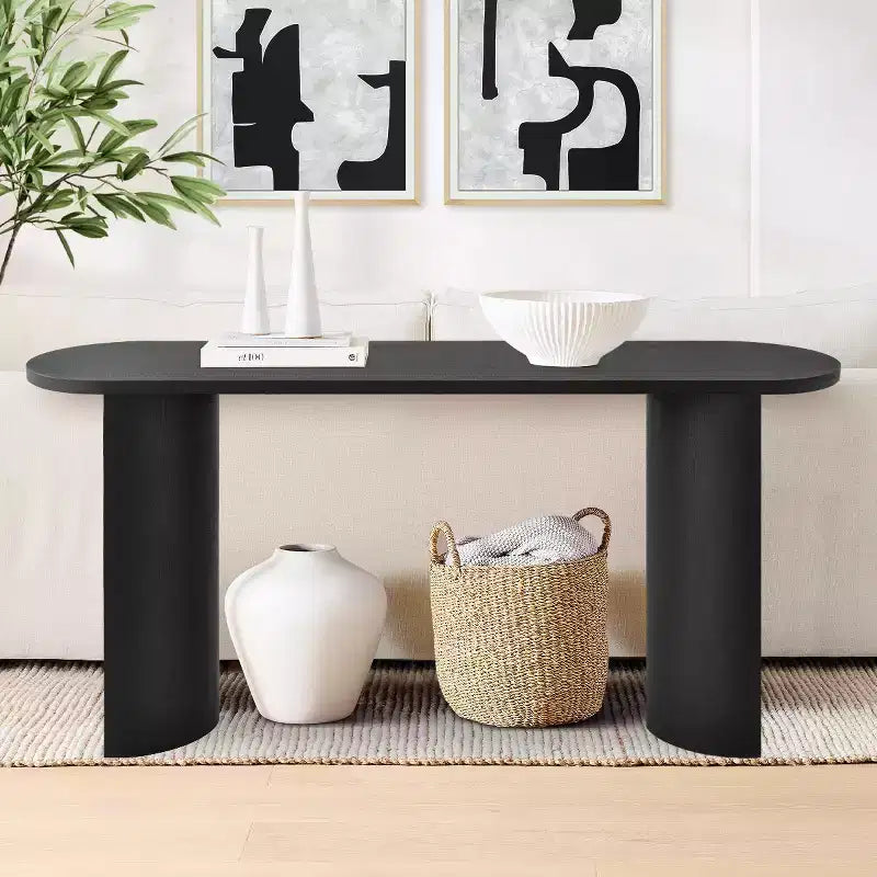 60 Modern Oval Entryway Console Table, Wood Grain Sofa Table with C-Shape Legs, Hallway Table for Living Room, Foyer or Behind Couch-Panipeachy