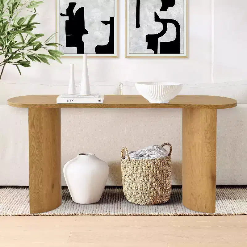 60 Table Console Ovale Moderne pour Entrée, Table Basse Motif Bois avec Pieds en C, Table de Couloir pour Salon, Foyer ou Derrière le Canapé-Panipeachy