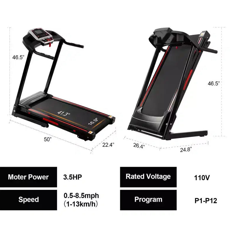 Tapis de course incliné pliable NAYSAYE, appareil de course à pied portable avec 12 programmes d'entraînement pour la maison et l'intérieur, noir, 50*26.4*46.5