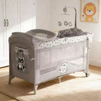 4-in-1 Baby Bassinet & Playard-Light Gray Portable Crib with Changing Table,Zip Door & Toy Bar - Locking Wheels & Storage for Newborns to Toddlers