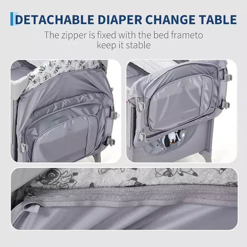 4-in-1 Baby Bassinet & Playard-Light Gray Portable Crib with Changing Table,Zip Door & Toy Bar - Locking Wheels & Storage for Newborns to Toddlers