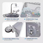 4-in-1 Baby Bassinet & Playard-Light Gray Portable Crib with Changing Table,Zip Door & Toy Bar - Locking Wheels & Storage for Newborns to Toddlers