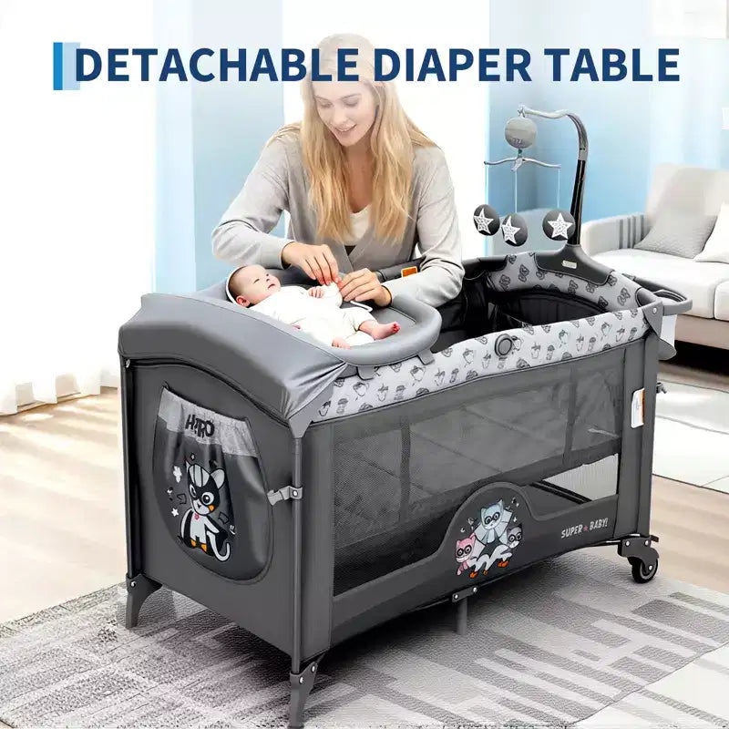 4-in-1 Baby Bassinet & Playard-Light Gray Portable Crib with Changing Table,Zip Door & Toy Bar - Locking Wheels & Storage for Newborns to Toddlers