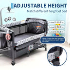 4-in-1 Baby Bassinet & Playard-Light Gray Portable Crib with Changing Table,Zip Door & Toy Bar - Locking Wheels & Storage for Newborns to Toddlers