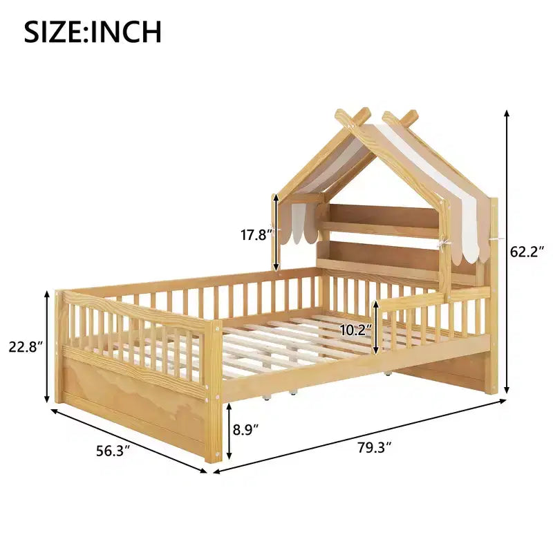 Luxystar Full Size Wood House Bed Frame with Storage Headboard Shelf and Canopy for Kid's Room