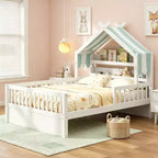 Luxystar Full Size Wood House Bed Frame with Storage Headboard Shelf and Canopy for Kid's Room