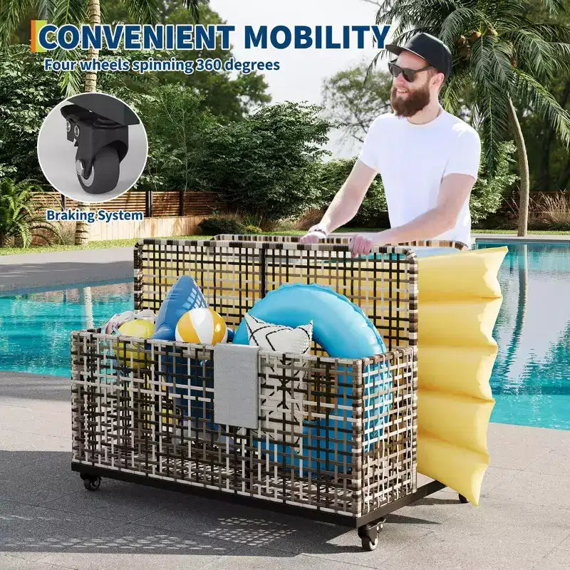 Organisateur de rangement de flotteurs de piscine avec roues, Panier de rangement de jouets et de caddy de piscine en rotin PE tressé résistant aux intempéries pour piscine, terrasse et patio