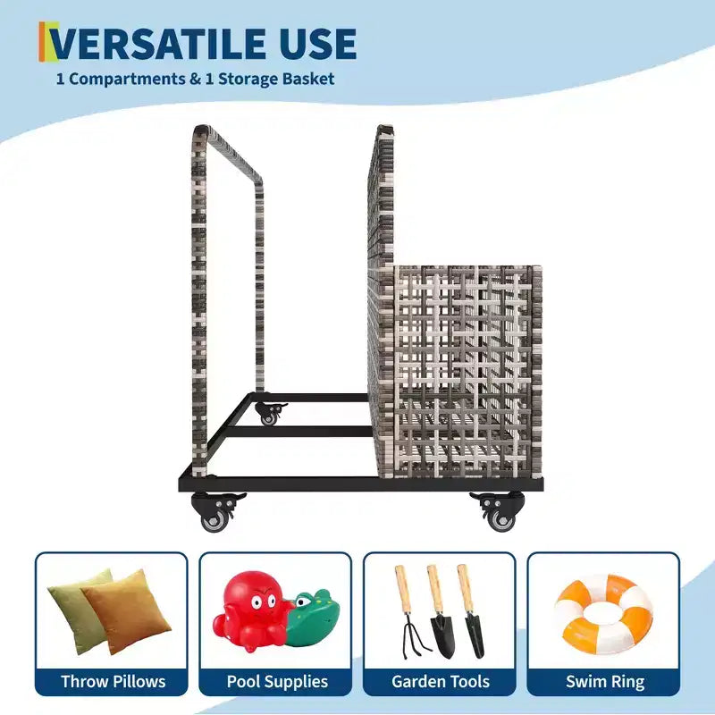 Organisateur de rangement de flotteurs de piscine avec roues, Panier de rangement de jouets et de caddy de piscine en rotin PE tressé résistant aux intempéries pour piscine, terrasse et patio