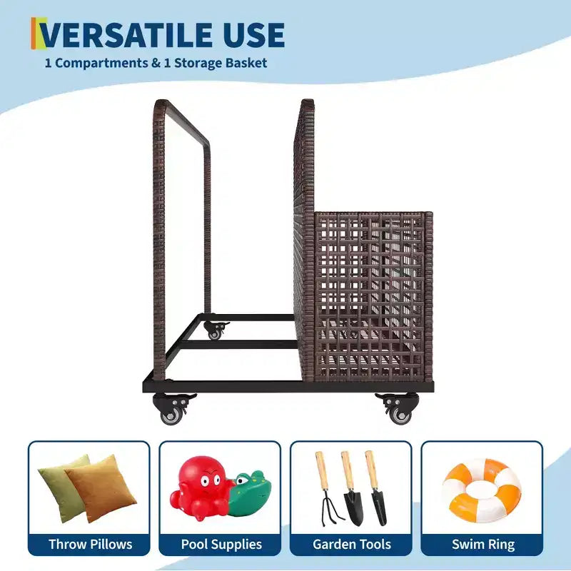 Organisateur de rangement de flotteurs de piscine avec roues, Panier de rangement de jouets et de caddy de piscine en rotin PE tressé résistant aux intempéries pour piscine, terrasse et patio