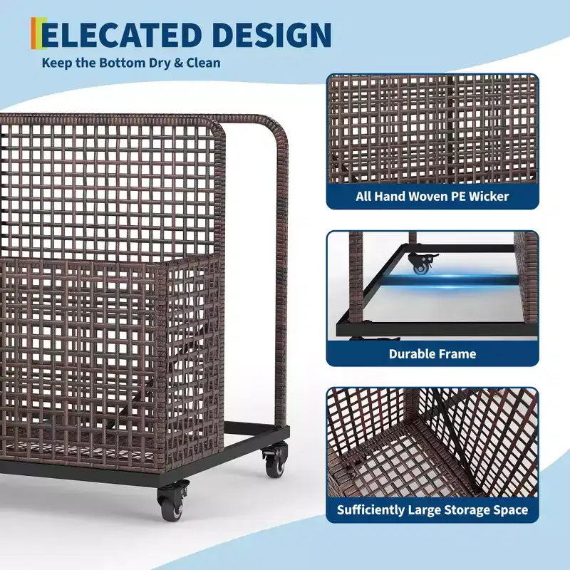 Organisateur de rangement de flotteurs de piscine avec roues, Panier de rangement de jouets et de caddy de piscine en rotin PE tressé résistant aux intempéries pour piscine, terrasse et patio