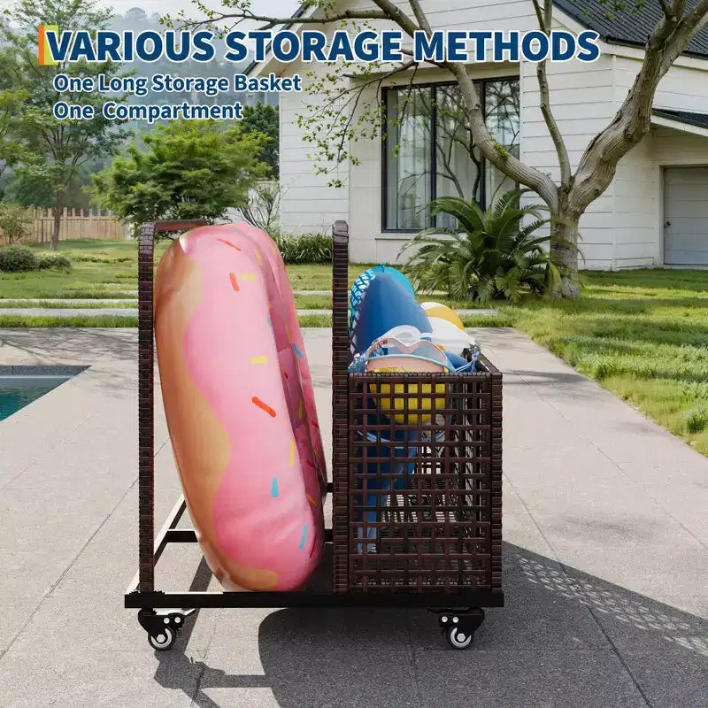 Organisateur de rangement de flotteurs de piscine avec roues, Panier de rangement de jouets et de caddy de piscine en rotin PE tressé résistant aux intempéries pour piscine, terrasse et patio