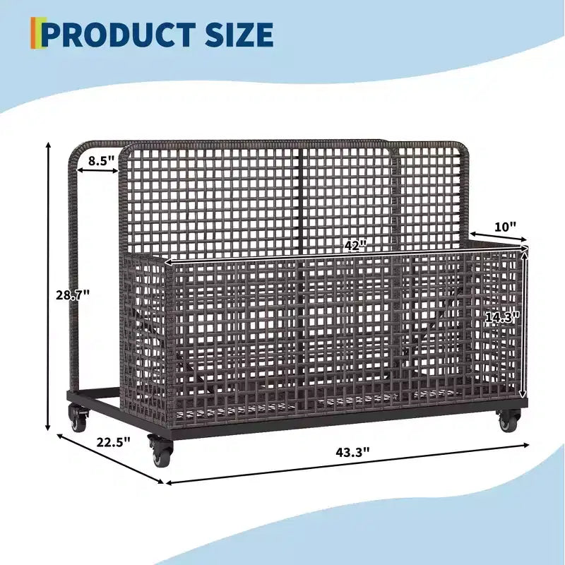Organisateur de rangement de flotteurs de piscine avec roues, Panier de rangement de jouets et de caddy de piscine en rotin PE tressé résistant aux intempéries pour piscine, terrasse et patio